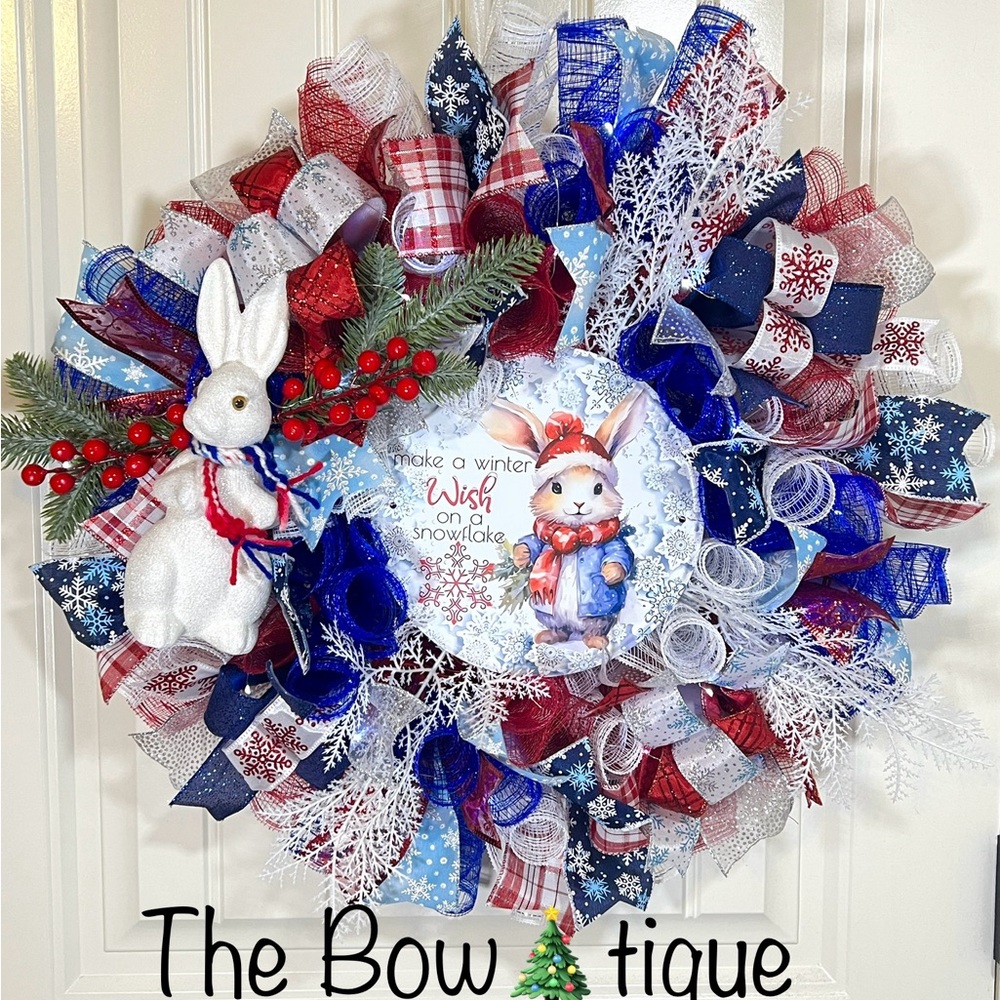 Handmade Winter Snow Bunny Holiday Ribbon Door Wreath 22 ins W72